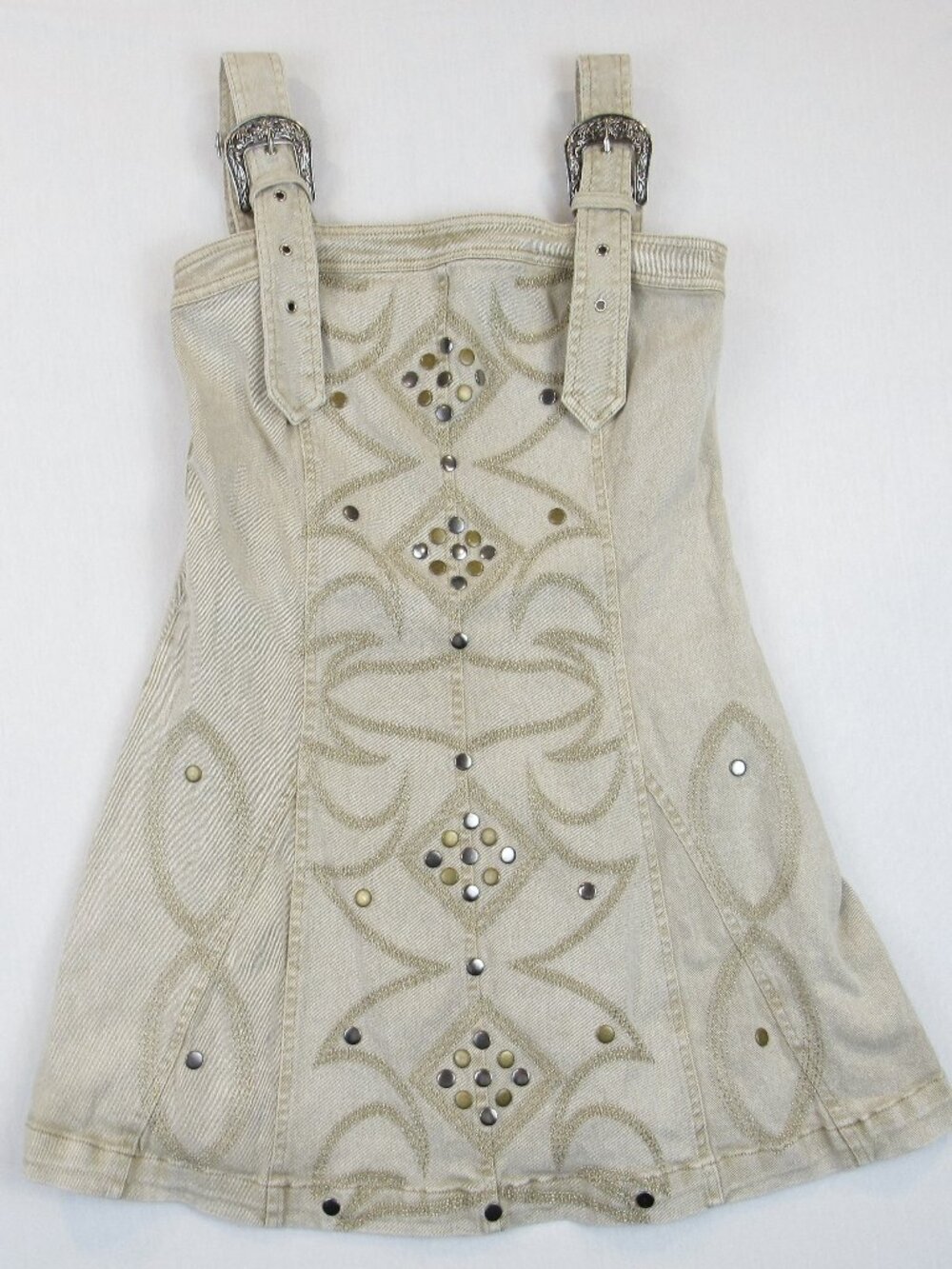 Blue B Collection Mini Dress Women's M Embellishment Beige Denim Buckle Straps